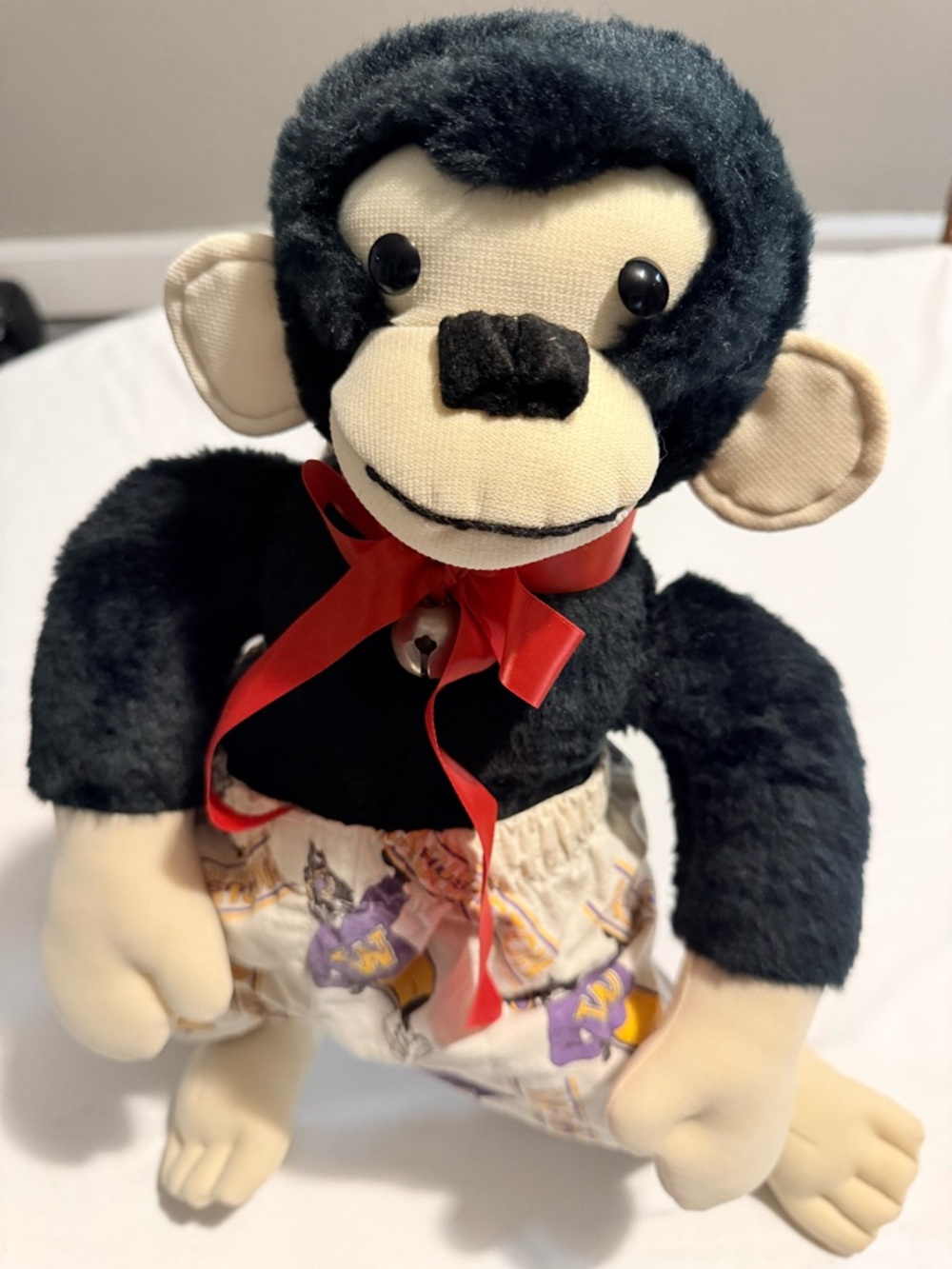 Sock Monkey Toy Dark Plush Fur And UW Shorts & Red Ribbon With Bell 18” Tall
